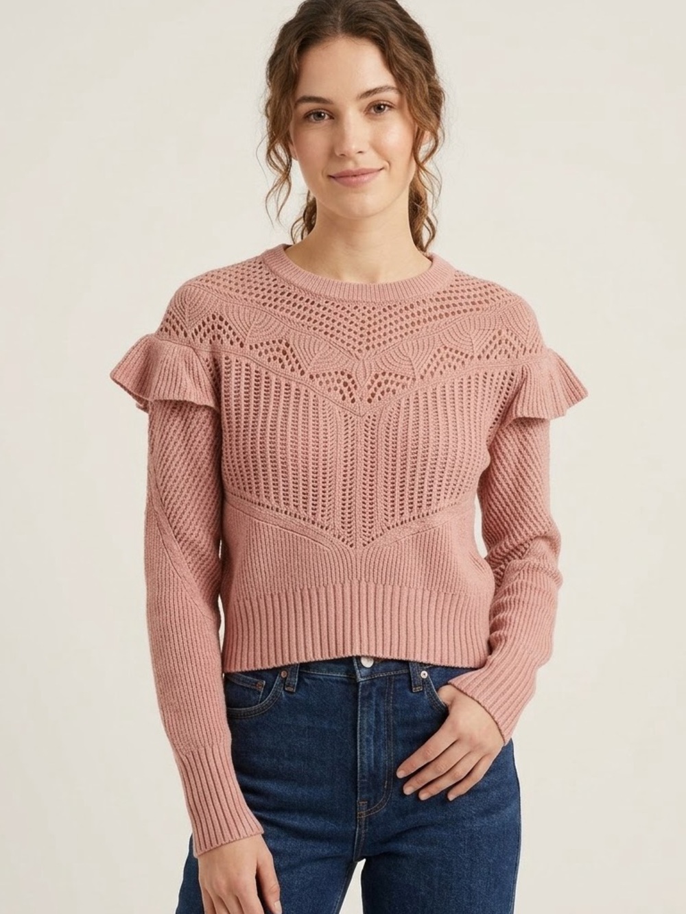 Intermix Sz S Wool Blend Dusty Pink Ruffle Knit Feminine Romantic Sweater